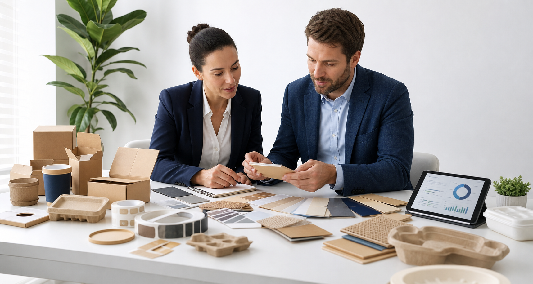 Buyer and supplier discussing packaging materials and samples