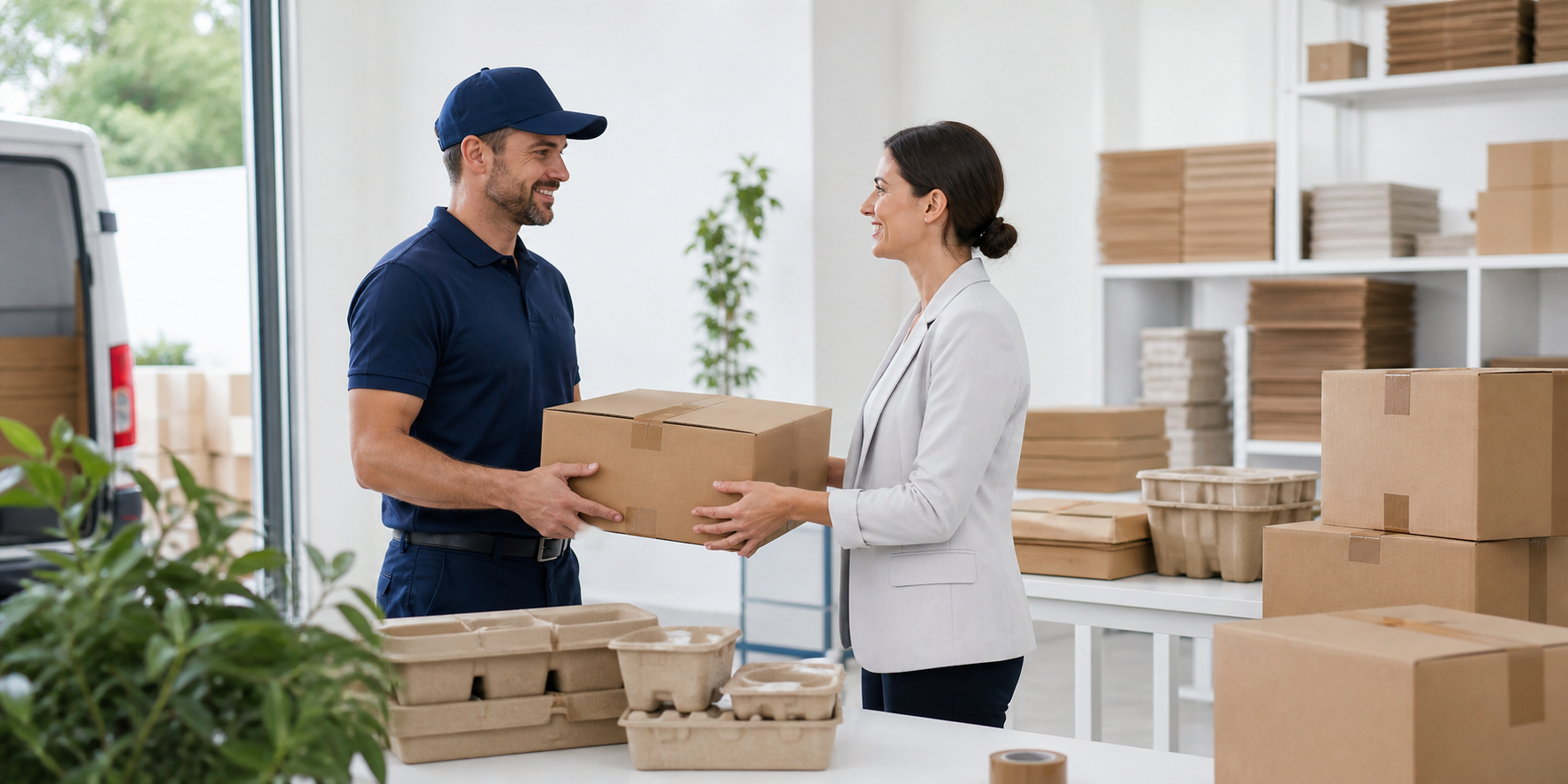 Packaging fulfillment handoff with recyclable shipping boxes