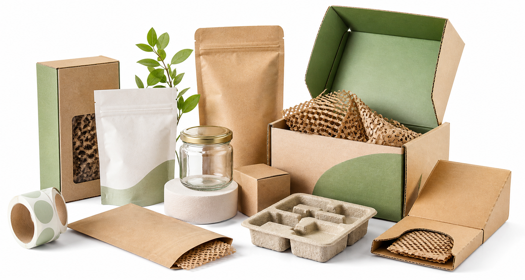 Sustainable packaging products arranged on a white studio background